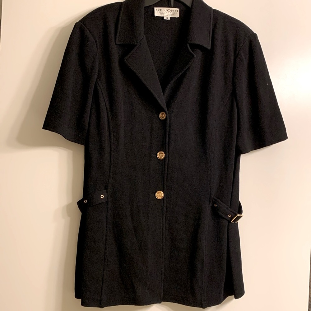 St John Black top with side belt gold adornments size 14